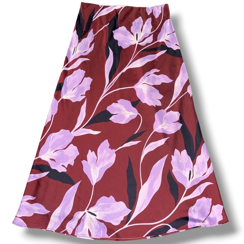 Ann Taylor Satin Slip Skirt Women Small Burgundy Floral Midi A-Line Elastic